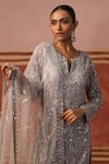 Shop_Sabe_Grey Net Embroidery Sequin Notched Zari Jaal Kurta Pant Set _Online_at_Aza_Fashions