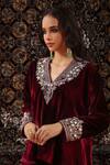 Sabe_Wine Velvet Embroidery Zardozi V Neck Neckline Short Kurta And Sharara Set _Online_at_Aza_Fashions