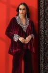 Buy_Sabe_Wine Velvet Embroidery Zardozi V Neck Neckline Short Kurta And Sharara Set _Online_at_Aza_Fashions