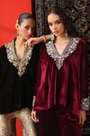 Shop_Sabe_Wine Velvet Embroidery Zardozi V Neck Neckline Short Kurta And Sharara Set _Online_at_Aza_Fashions