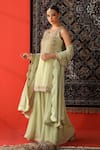 Buy_Sabe_Green Georgette Embroidery Pearl Round Kurta Sharara Set _at_Aza_Fashions