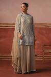 Buy_Sabe_Beige Net Embellished Sequins Round Neck Quatrefoil Kurta Sharara Set _Online_at_Aza_Fashions