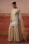 Shop_Sabe_Beige Net Embellished Sequins Round Neck Quatrefoil Kurta Sharara Set _Online_at_Aza_Fashions