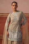 Buy_Sabe_Beige Net Embellished Sequins Round Neck Quatrefoil Kurta Sharara Set 