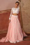 Sabe_Pink Net Embroidery Sequin Round Neck Butti Embellished Lehenga Set _at_Aza_Fashions