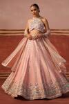 Shop_Sabe_Pink Georgette Embroidery Floral Halter Neck Mirror Lehenga Set _Online_at_Aza_Fashions