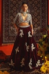 Buy_Sabe_Maroon Velvet Embroidery Floral Plunge Neck Zardozi Lehenga With Blouse _at_Aza_Fashions