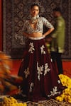 Shop_Sabe_Maroon Velvet Embroidery Floral Plunge Neck Zardozi Lehenga With Blouse _at_Aza_Fashions