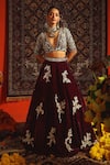 Buy_Sabe_Maroon Velvet Embroidery Floral Plunge Neck Zardozi Lehenga With Blouse _Online_at_Aza_Fashions