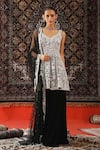 Buy_Sabe_Black Velvet Embroidery Floral V Neck Pearl Jaal Kurta Gharara Set _at_Aza_Fashions