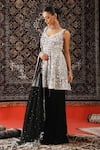 Sabe_Black Velvet Embroidery Floral V Neck Pearl Jaal Kurta Gharara Set _Online_at_Aza_Fashions