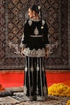 Shop_Sabe_Black Velvet Embroidery Floral Plunge Neck Peplum Kurta With Sharara _at_Aza_Fashions