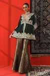 Buy_Sabe_Green Velvet Embroidery Floral Plunge Neck Gota Patti Peplum Kurta With Sharara _at_Aza_Fashions