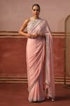 Buy_Sabe_Pink Chinon Embroidery Floral Halter Neck Zari Saree With Blouse _at_Aza_Fashions