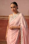 Shop_Sabe_Pink Chinon Embroidery Floral Halter Neck Zari Saree With Blouse _Online_at_Aza_Fashions