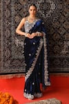 Buy_Sabe_Blue Silk Velvet Embroidery Floral Sweetheart Neck Hand Saree With Blouse _at_Aza_Fashions