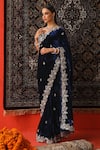 Sabe_Blue Silk Velvet Embroidery Floral Sweetheart Neck Hand Saree With Blouse _Online_at_Aza_Fashions