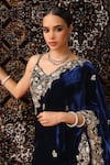 Shop_Sabe_Blue Silk Velvet Embroidery Floral Sweetheart Neck Hand Saree With Blouse _Online_at_Aza_Fashions