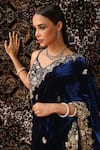 Sabe_Blue Silk Velvet Embroidery Floral Sweetheart Neck Hand Saree With Blouse _at_Aza_Fashions