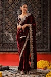 Buy_Sabe_Maroon Velvet Embroidery Floral Plunge Neck Hand Border Saree With Blouse _at_Aza_Fashions