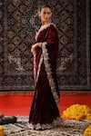 Sabe_Maroon Velvet Embroidery Floral Plunge Neck Hand Border Saree With Blouse _Online_at_Aza_Fashions