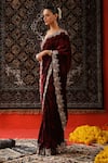 Buy_Sabe_Maroon Velvet Embroidery Floral Plunge Neck Hand Border Saree With Blouse _Online_at_Aza_Fashions