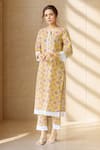 Buy_Samyukta Singhania_Yellow Cotton Print Blossom Round Neck Kurta With Pant _at_Aza_Fashions