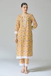 Buy_Samyukta Singhania_Yellow Cotton Print Blossom Round Neck Kurta With Pant _Online_at_Aza_Fashions