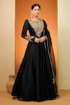 Buy_Neha Khullar_Black Silk Chanderi Embroidered Pearl Round Anarkali Set _at_Aza_Fashions