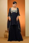 Buy_Neha Khullar_Blue Viscose Chinon Embroidered Sequin Leaf Short Anarkali Sharara Set _at_Aza_Fashions