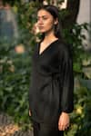 RAAS LIFE_Black Merino Wool Solid V Neck Pansy Wrap Top _Online_at_Aza_Fashions