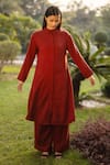 Buy_RAAS LIFE_Maroon Merino Wool Solid Collared Aleeza Long Tunic With Pant _at_Aza_Fashions