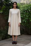 Shop_RAAS LIFE_Cream Merino Wool Solid High Round Neck Starflower Midi Dress _Online_at_Aza_Fashions