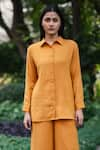 RAAS LIFE_Yellow Merino Wool Solid Collar Neck Mahonia Shirt With Flared Trouser _Online_at_Aza_Fashions