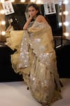 Twenty Nine_Gold Tissue Organza Hand Embroidered Applique Open Detailed Long Cape _at_Aza_Fashions