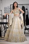 Buy_Twenty Nine_Gold Brocade Embroidery Mirrorwork Leaf Banarasi Lehenga Set _at_Aza_Fashions