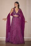 Buy_Twenty Nine_Purple Silk Hand Embroidery Mirrorwork Plunge V Raidana Bandhani Lehenga Set _at_Aza_Fashions