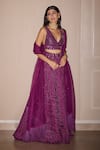 Twenty Nine_Purple Silk Hand Embroidery Mirrorwork Plunge V Raidana Bandhani Lehenga Set _Online_at_Aza_Fashions