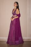 Shop_Twenty Nine_Purple Silk Hand Embroidery Mirrorwork Plunge V Raidana Bandhani Lehenga Set _Online_at_Aza_Fashions