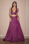 Twenty Nine_Purple Silk Hand Embroidery Mirrorwork Plunge V Raidana Bandhani Lehenga Set _at_Aza_Fashions