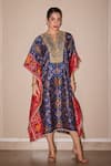 Buy_Twenty Nine_Blue Silk Embroidery Marodi Notch Patola Asymmetric Kaftan _at_Aza_Fashions