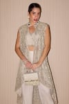 Buy_Twenty Nine_Silver Tulle Hand Embroidery Mirror Mandarin Bead Embellished Asymmetric Jacket _Online_at_Aza_Fashions