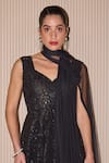 Twenty Nine_Black Georgette Embroidery Mirror Sweetheart Neck Peplum Tunic _Online_at_Aza_Fashions