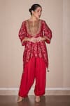 Shop_Twenty Nine_Red Silk Embroidery Marodi Notch Patola Kurta With Dhoti Salwar _Online_at_Aza_Fashions