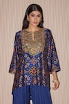 Shop_Twenty Nine_Blue Silk Embroidery Marodi Notch Asymmetric Kurta With Dhoti Salwar _Online_at_Aza_Fashions