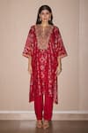 Twenty Nine_Red Silk Embroidery Marodi Notch Patola Kurta With Cigarette Pant _Online_at_Aza_Fashions