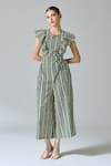 Samyukta Singhania_Green Cotton Print Chevron Round Neck Jumpsuit _at_Aza_Fashions