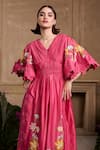 Buy_Chandrima_Fuchsia Chanderi Embroidery Floral V Neck Ruched Dress _Online_at_Aza_Fashions