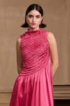 Chandrima_Fuchsia Silk Satin Cutwork High Asymmetric Ruched Dress _Online_at_Aza_Fashions