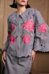 Chandrima_Grey Felt Embellished Rose Collared Thread Work Short Jacket _Online_at_Aza_Fashions